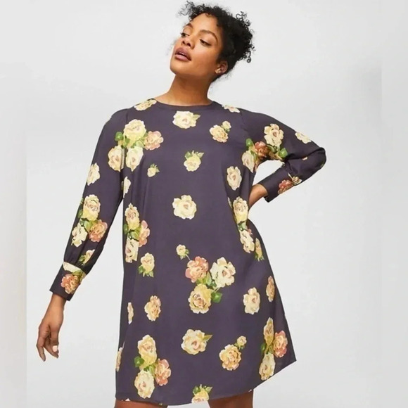 Ann Taylor | LOFT | Smokey Grey Blue Peony Fluid Shift Dress Size XS - Picture 5 of 5